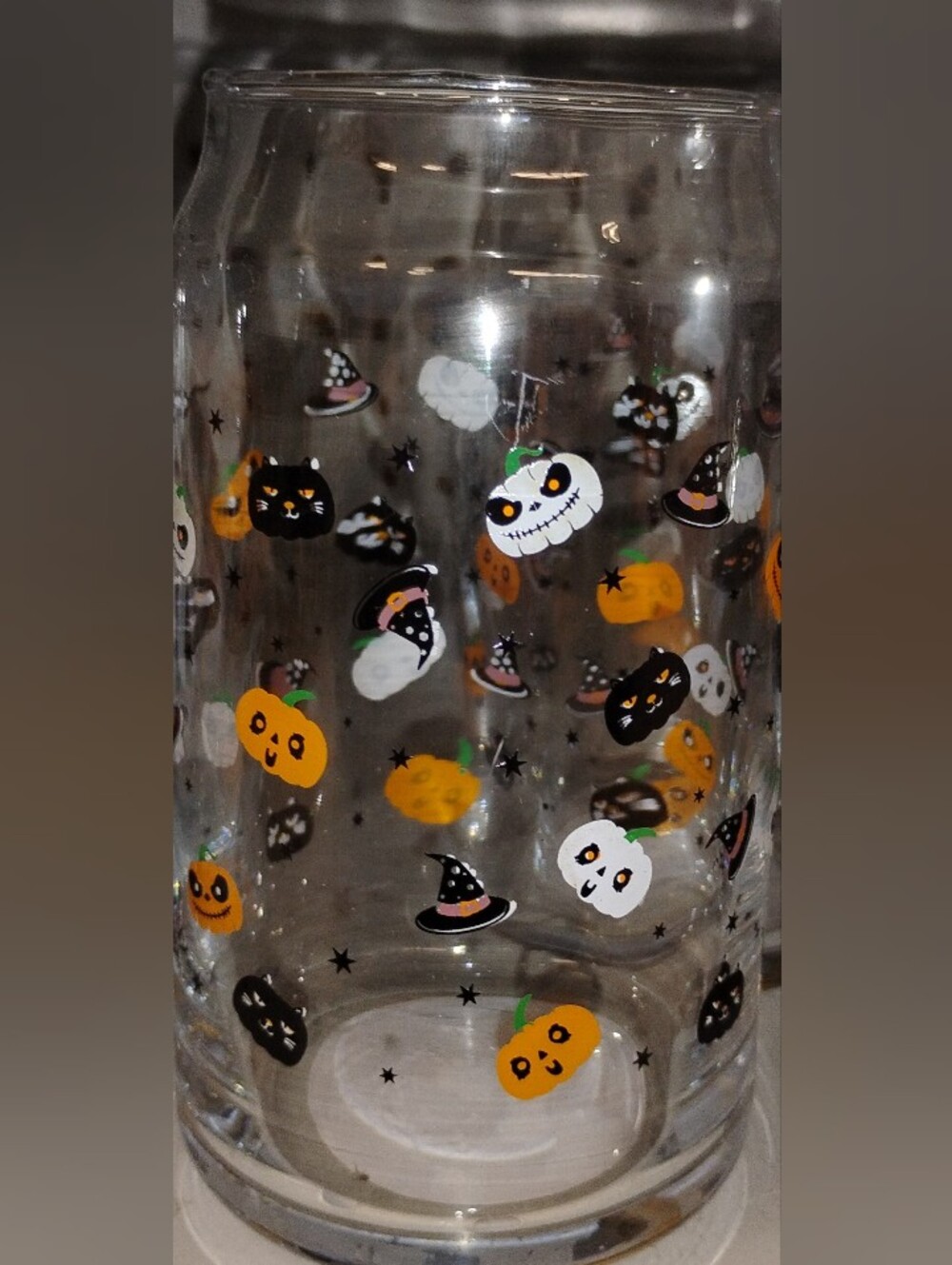 Halloween Orange, White & Black Pumpkin Print Glass Jar